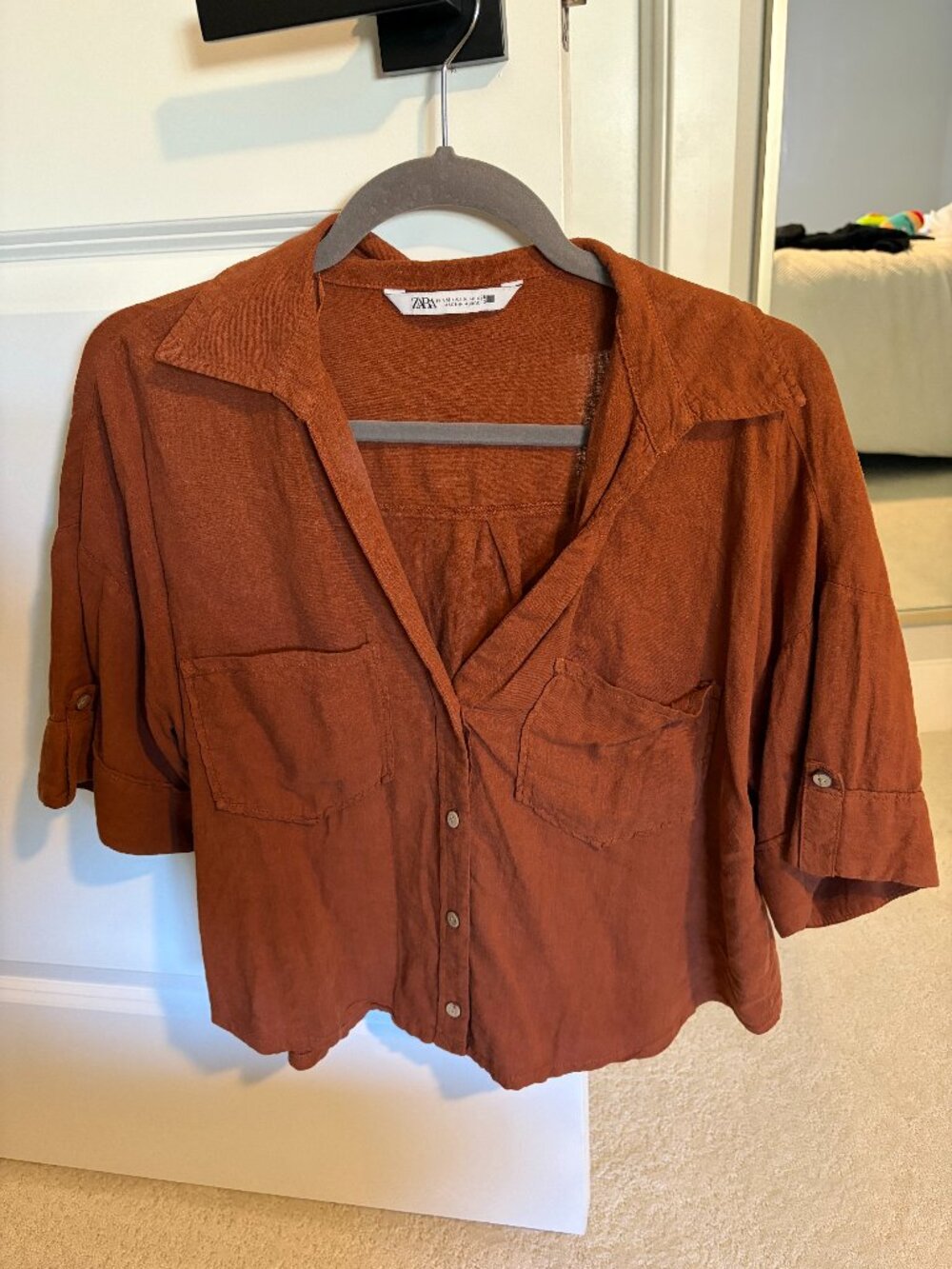 Zara Brown Short Sleeve Cropped Linen Top Size Medium